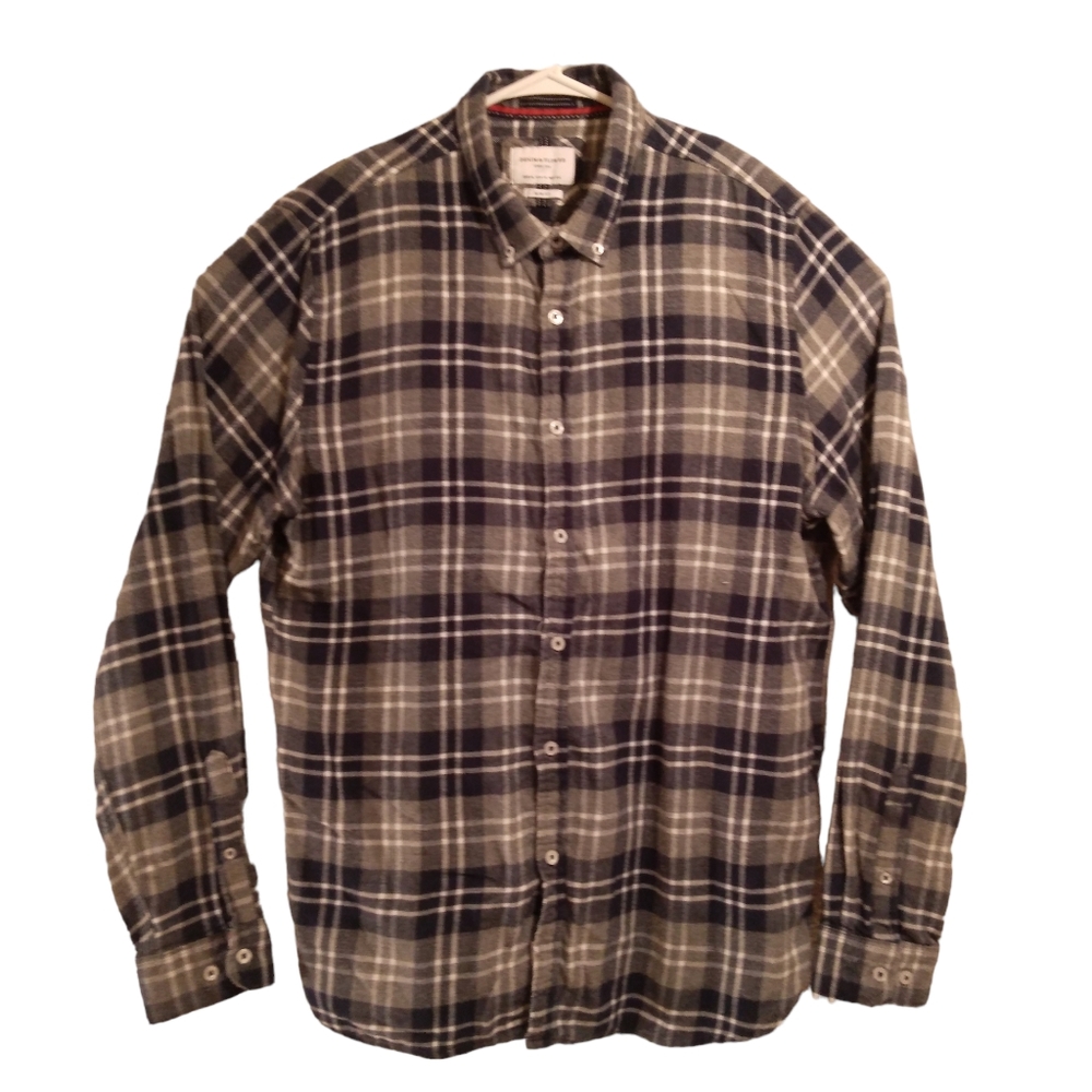 Denim & Flower flannel shirt mens XL Xlarge gray Plaid button long sleeve slim
